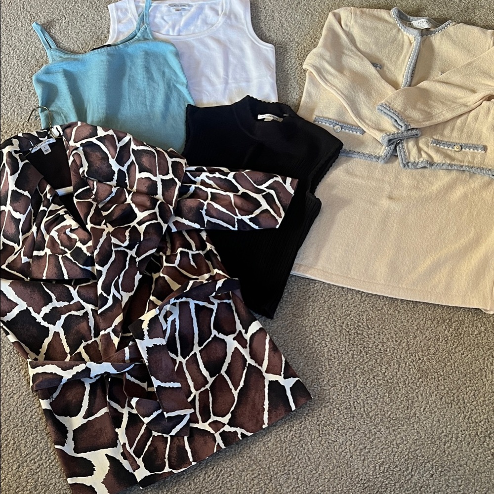 Lot of St. John
Giraffe Print 3/4 sleeve
3 shells
Vintage suit 4 top, 6 skirt